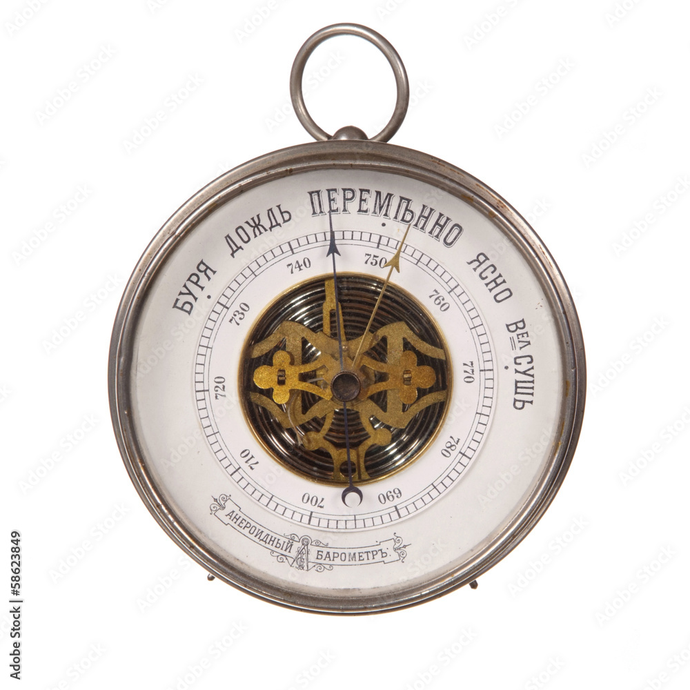 Old barometer with russian inscriptions isolated on white Old barometer with russian inscriptions isolated on white