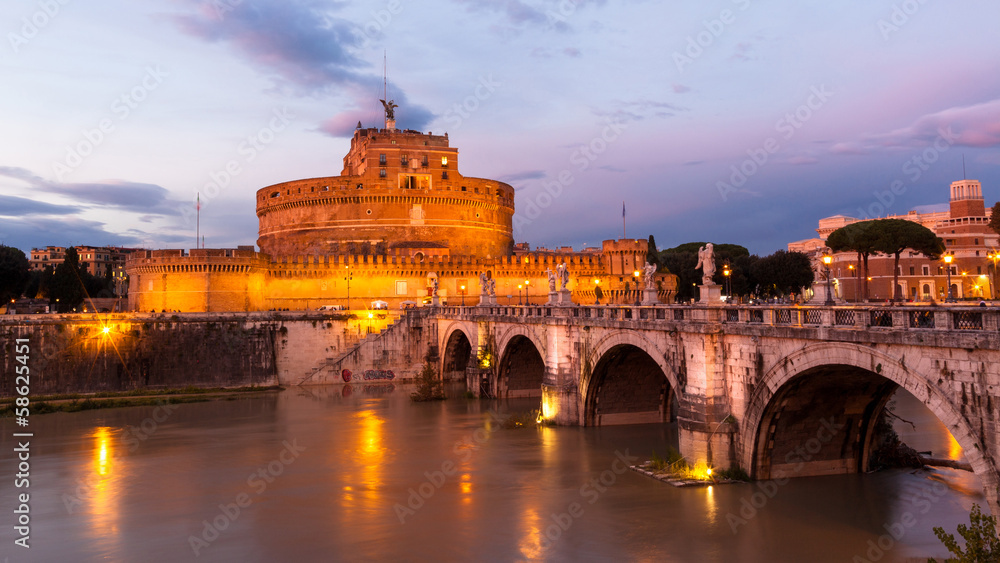 The view of Castel Sant'Angelo at dusk