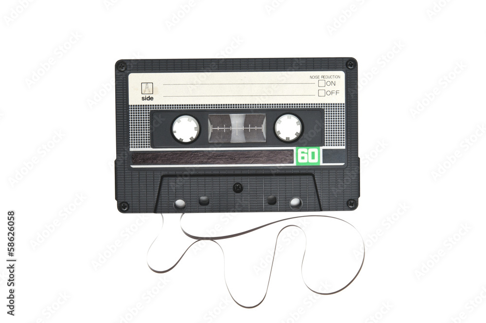 Tape cassette closeup on white background
