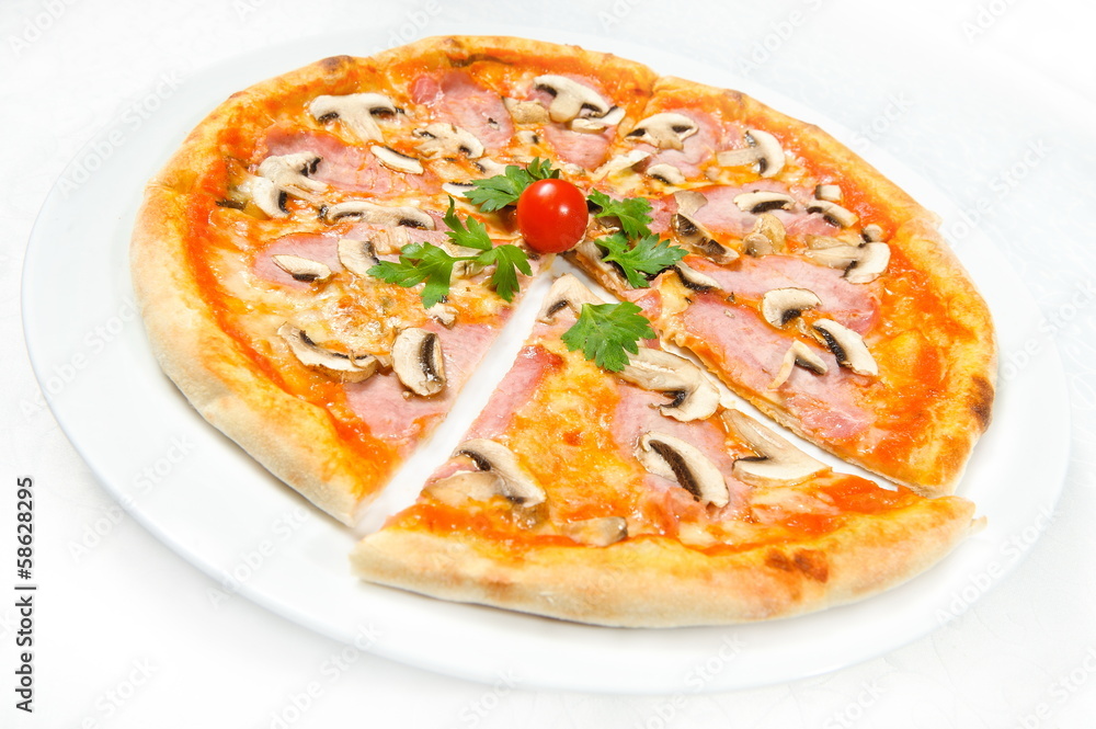 pizza with ham and mushrooms
