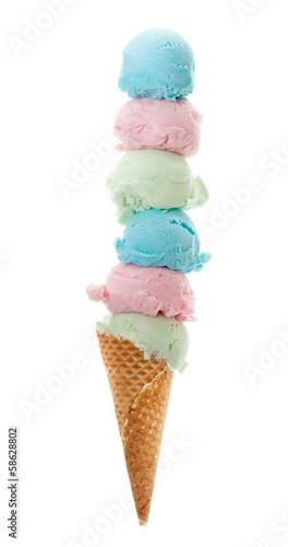 Colorful Ice Cream Cone with lots of scoops, Isolated on white