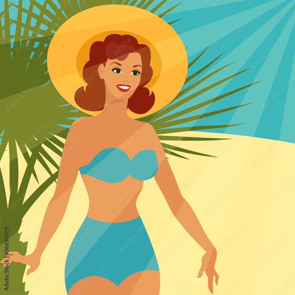 Card with beautiful pin up girl 1950s style on the beach.
