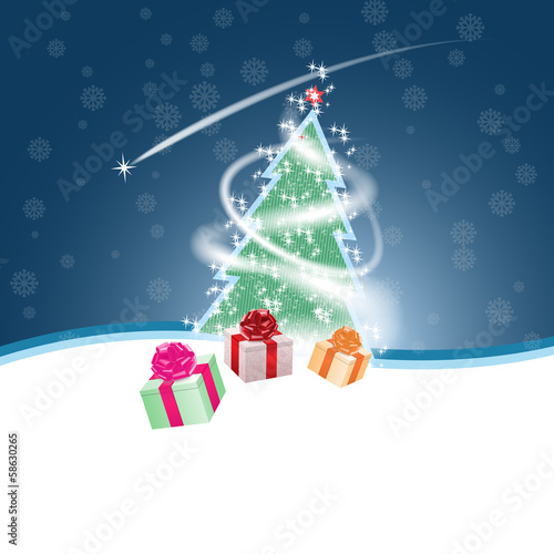 Christmas background, gifts , fur-tree, snow. Vector