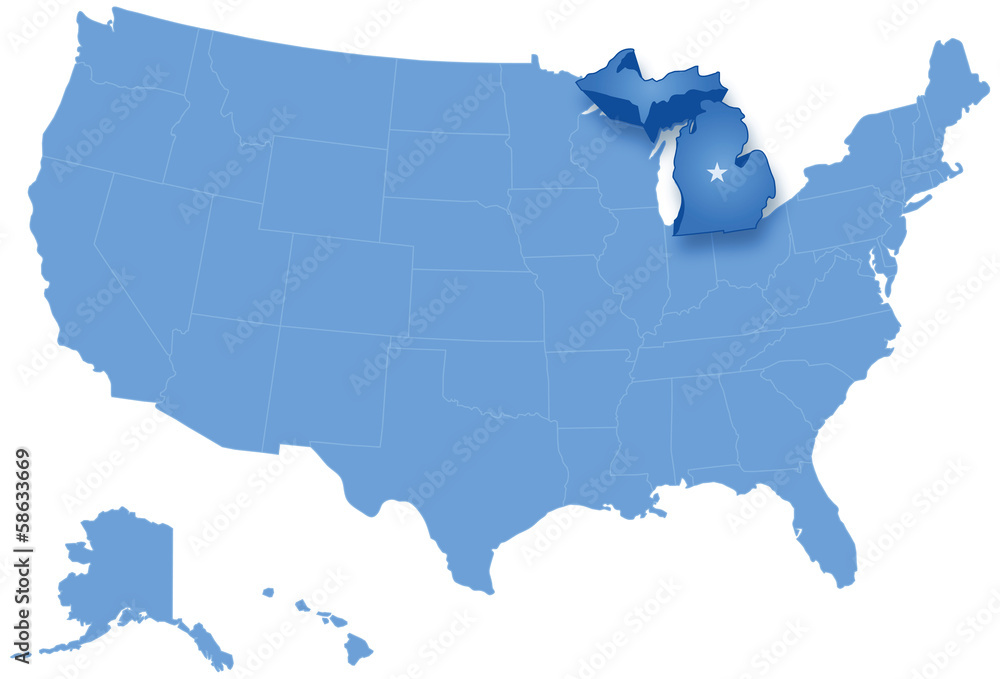 Map of States of the United States where Michigan is pulled out
