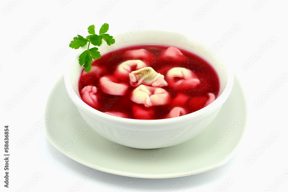 red borscht with dumplings - obrazy, fototapety, plakaty 