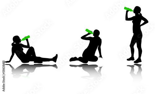woman drinking water after training silhouettes - vector