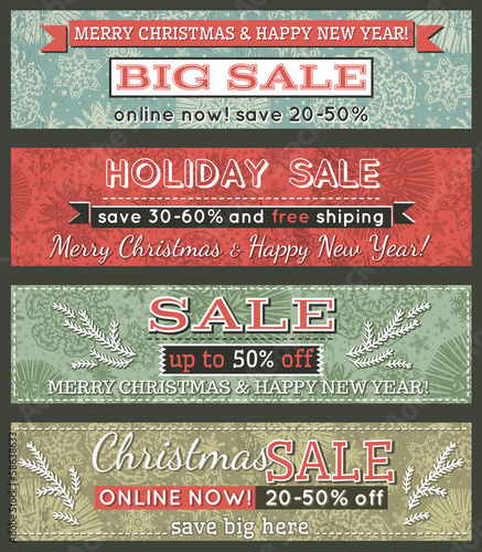 vintage christmas banners with sale offer, vector