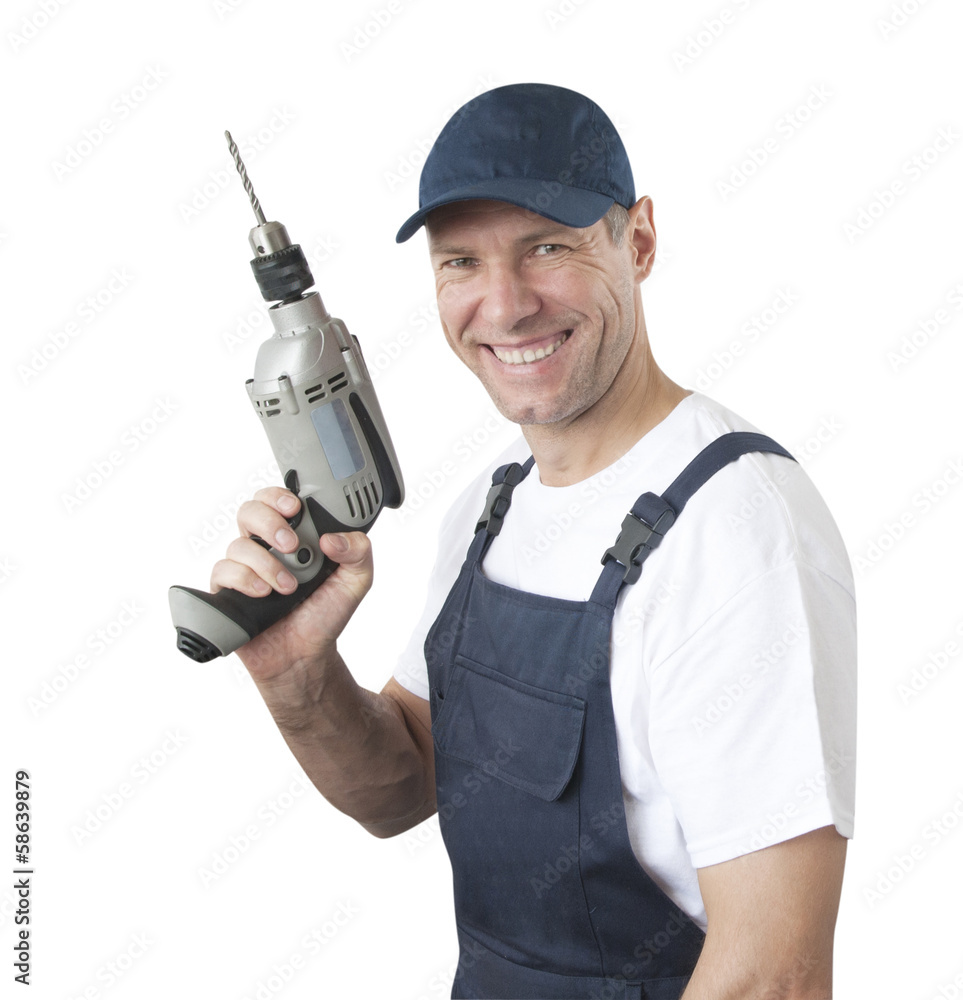 Portrait of smiling worker in blue uniform with drill isolated o