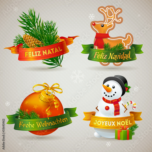 Merry Christmas icons in different languages: Portuguese, Spanis