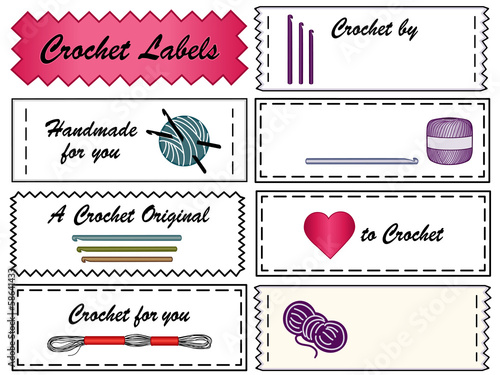 Crochet Sewing Labels, copy space, yarn, hooks, do it yourself