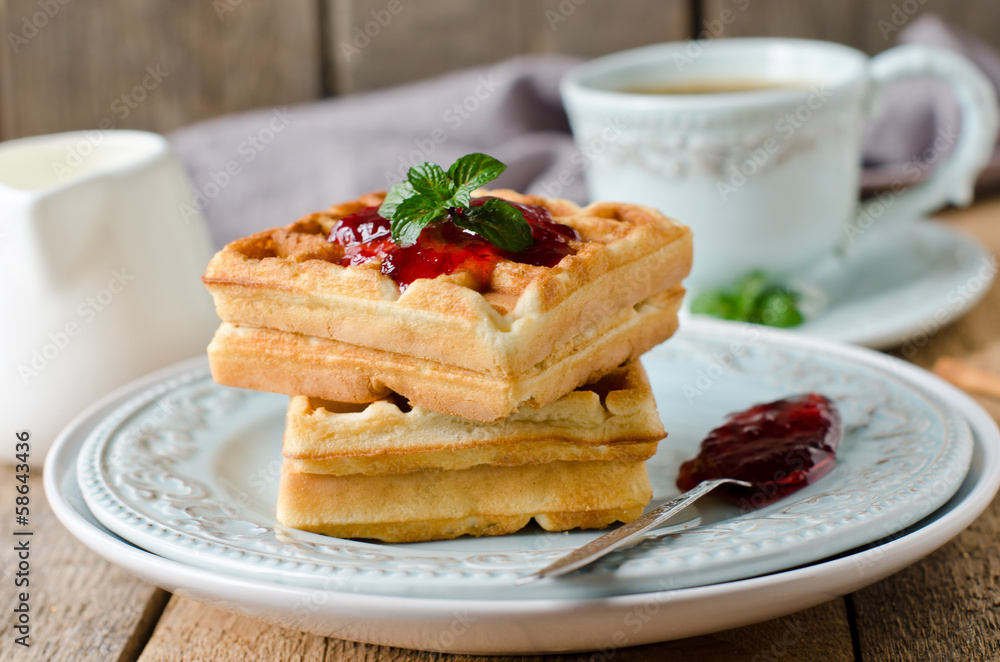 Waffles with jam for breakfast Waffles with jam for breakfast