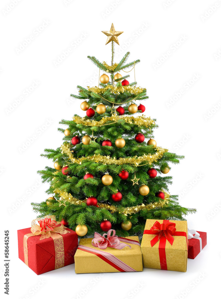 Dichter Weihnachtsbaum mit Geschenken, in rot und gold