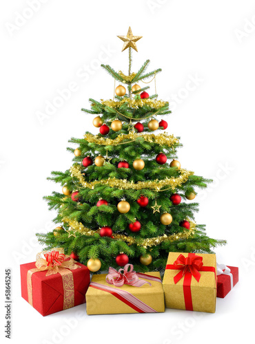 Dichter Weihnachtsbaum mit Geschenken  in rot und gold