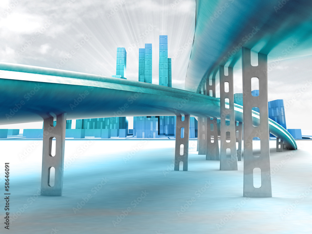 two speed tracks above ground leading to futuristic city two speed tracks above ground leading to futuristic city