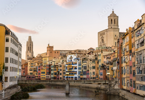 Girona Cathedral and Collegiate Church of Sant Feliu over river photo
