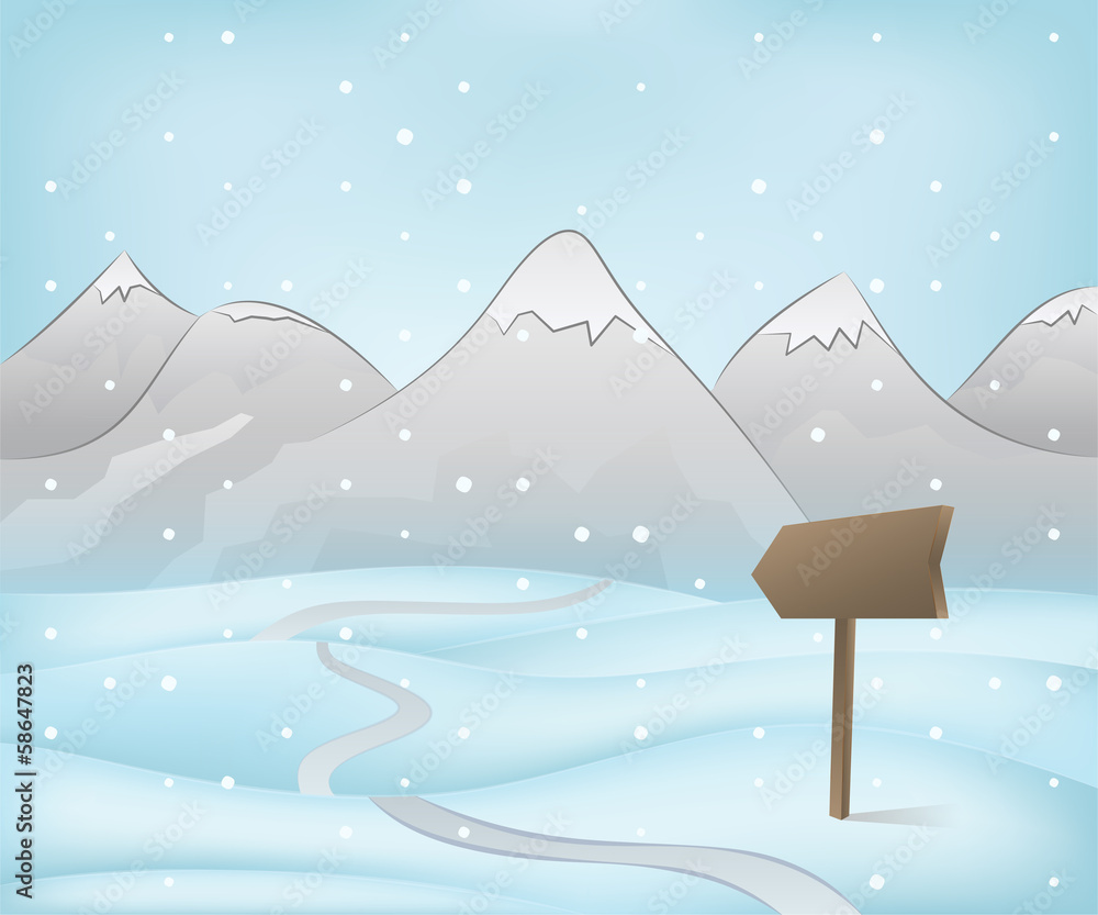 mountain landscape with road pointer at snowfall mountain landscape with road pointer at snowfall