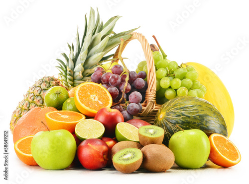 Fototapeta Naklejka Na Ścianę i Meble -  Variety of fruits in wicker basket isolated on white