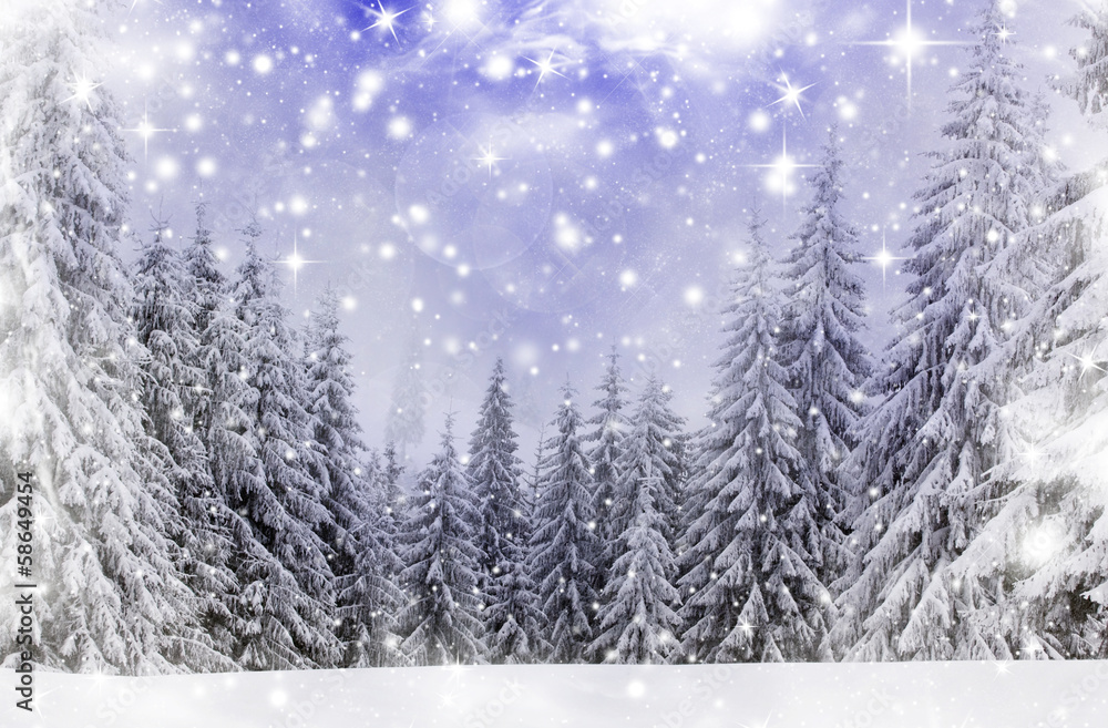 Naklejka premium Christmas background with snowy fir trees