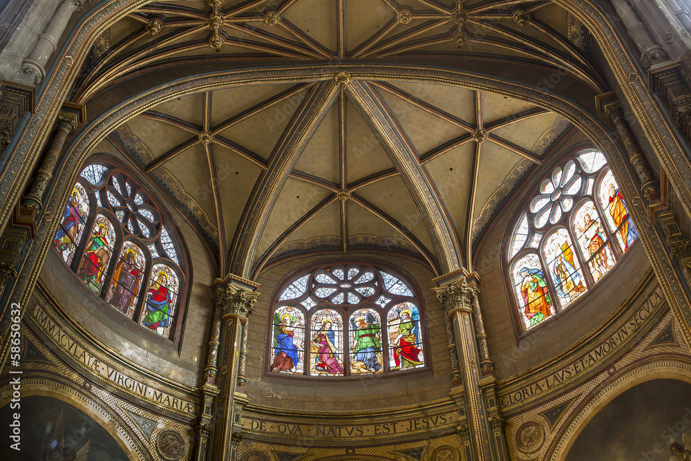 Interiors and details of Saint Eustache church, Paris, France