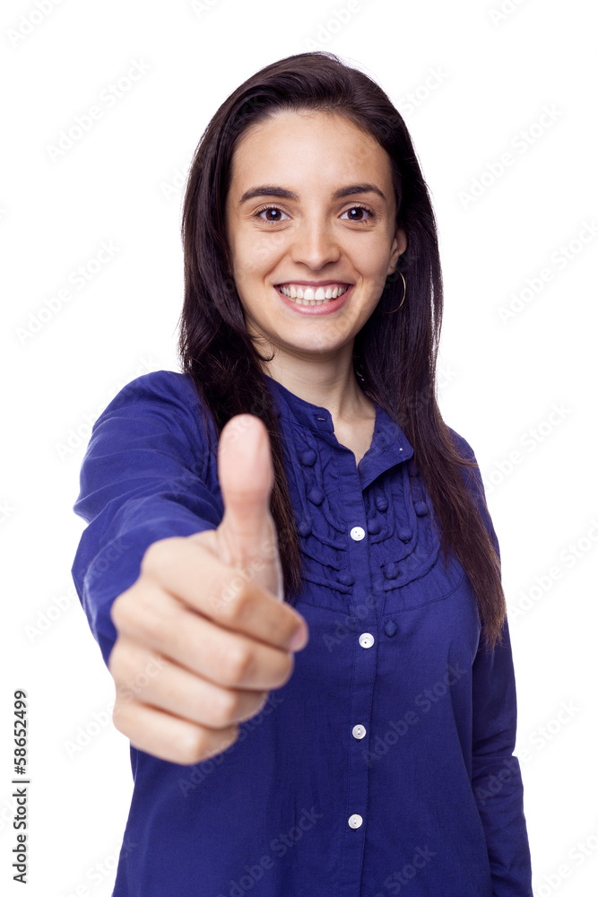Happy smiling woman with thumbs up gesture, isolated on white ba Happy smiling woman with thumbs up gesture, isolated on white ba