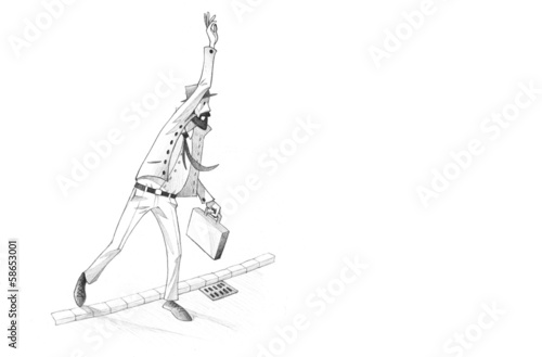 Pencil Illustration, Drawing of Man calling for a cab in a rush
