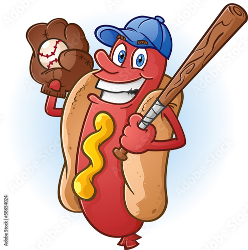Hot Dog Cartoon Character Playing Baseball