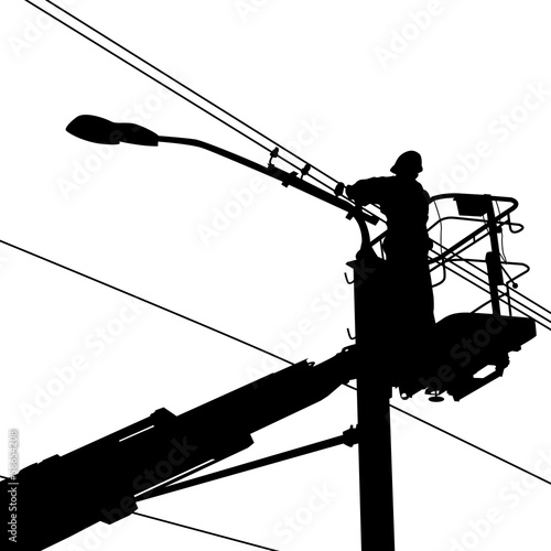 Electrician, making repairs at a power pole. Vector illustration