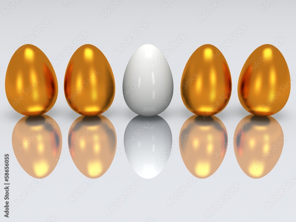 White egg in a row of golden eggs. 3D. White egg in a row of golden eggs. 3D.