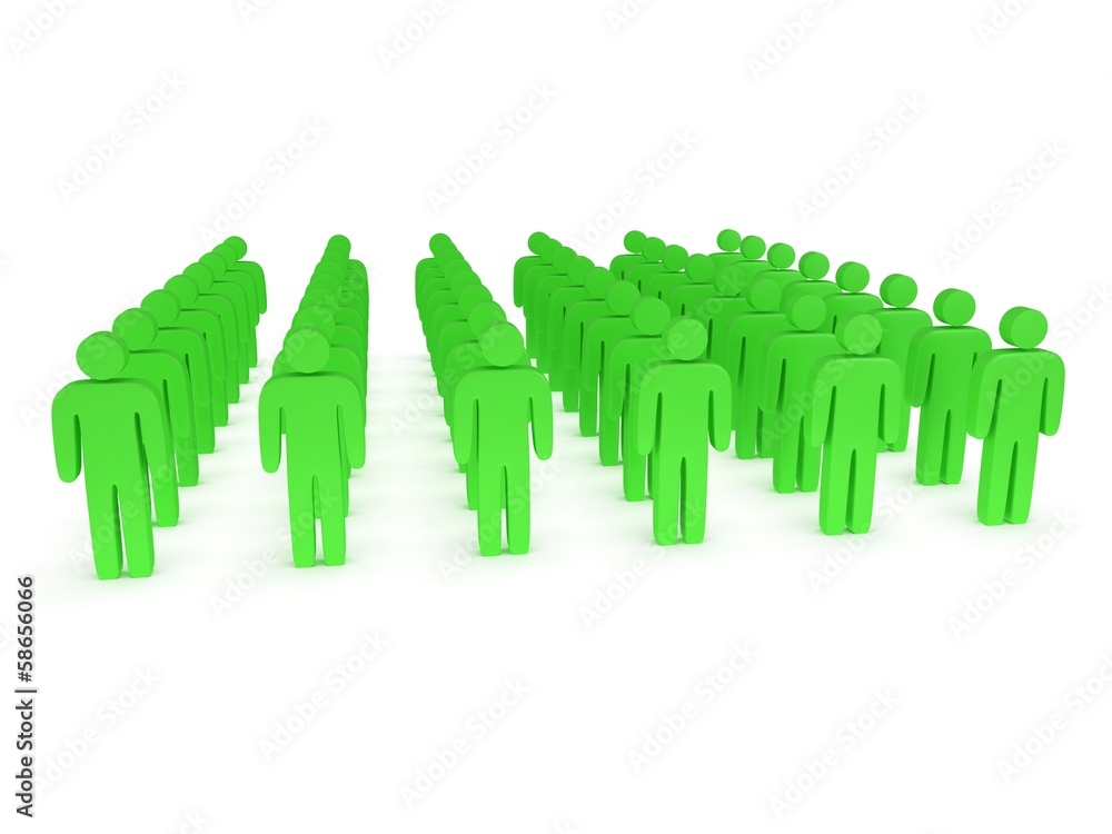 Group of stylized green people stand on white