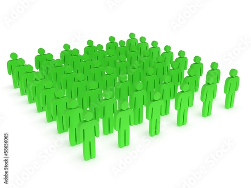 Group of stylized green people stand on white