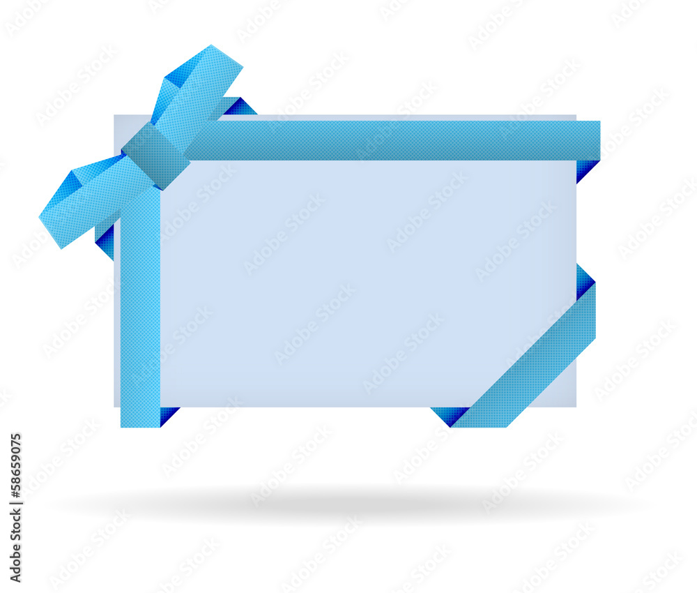 blue gift card with dotted ribbon, dotted bow and shadow on whit blue gift card with dotted ribbon, dotted bow and shadow on whit