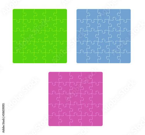 three color puzzle fields with rounded pieces in the corner on w