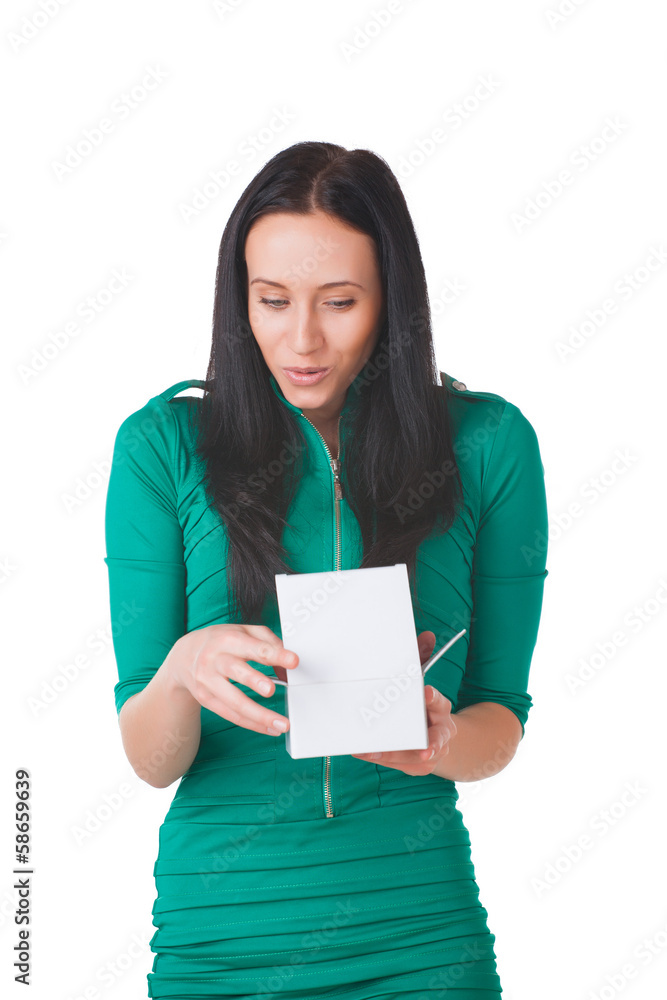 Pretty girl holding white box with gift Pretty girl holding white box with gift