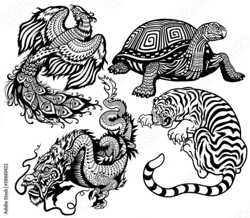 four celestial animals black white