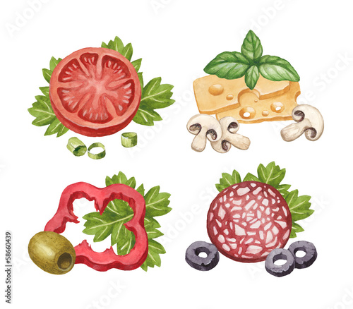 Fototapeta Naklejka Na Ścianę i Meble -  Watercolor illustration of food ingredients