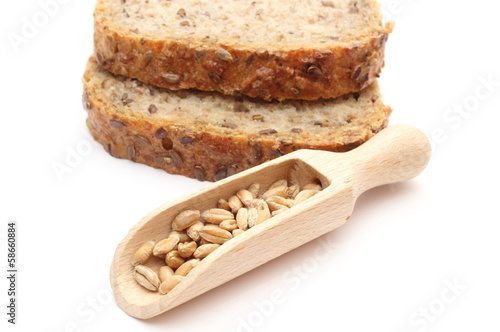 Natural wheat grain on wooden spoon and pieces of bread