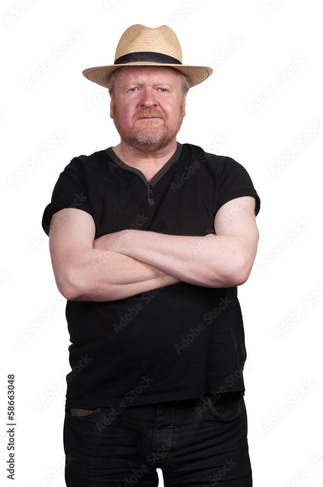 Attentive middle aged man in straw hat Attentive middle aged man in straw hat