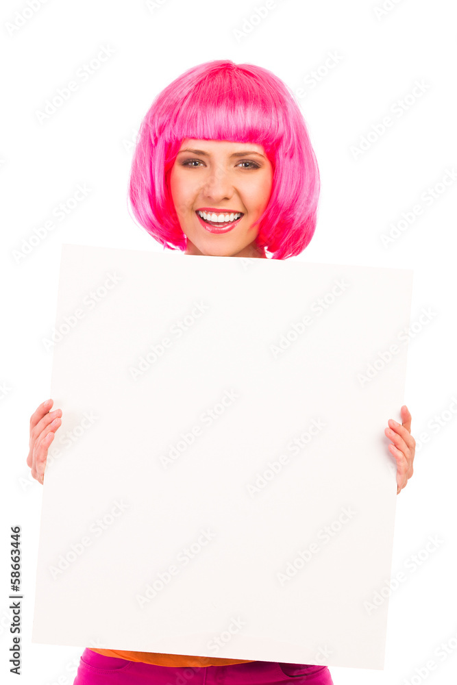 Beautiful young woman smiling and showing a blank white board. Beautiful young woman smiling and showing a blank white board.