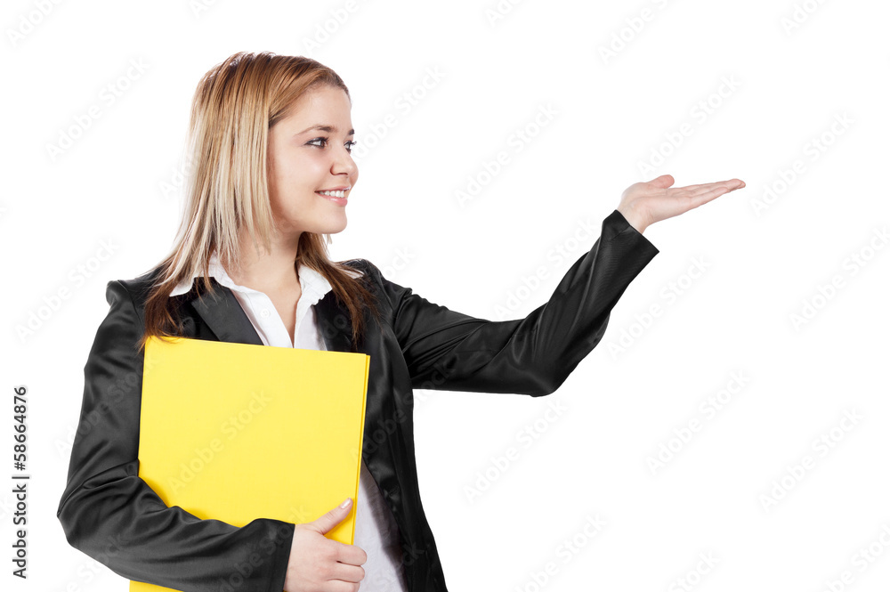 Smiling young blonde business woman holding yellow file while sh Smiling young blonde business woman holding yellow file while sh