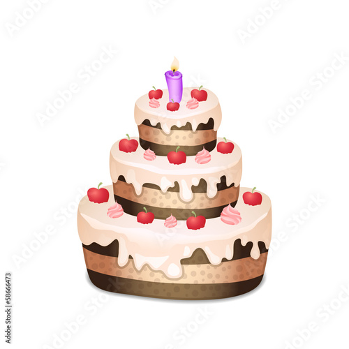 Cake with chocolate and cream, burning candle