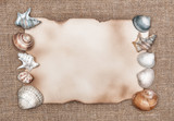 Aged paper with sea shells on sacking background
