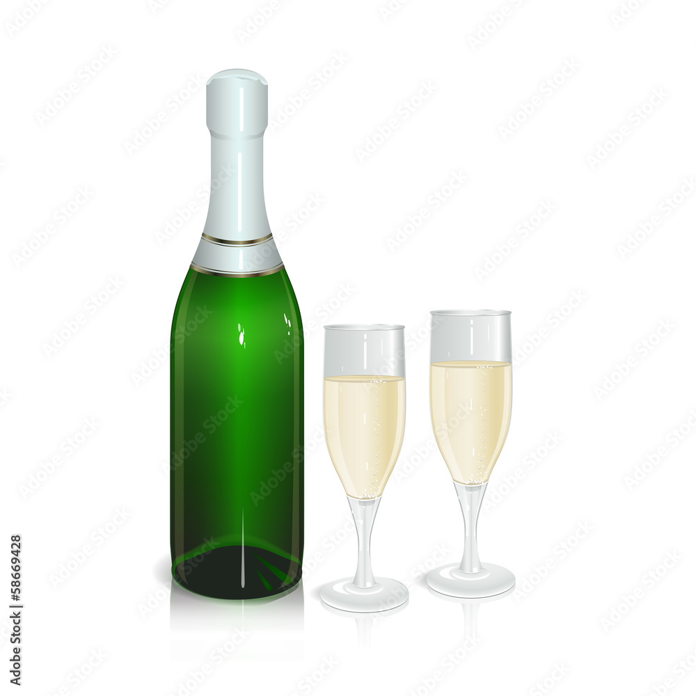 bottle of sparkling wine with two glasses