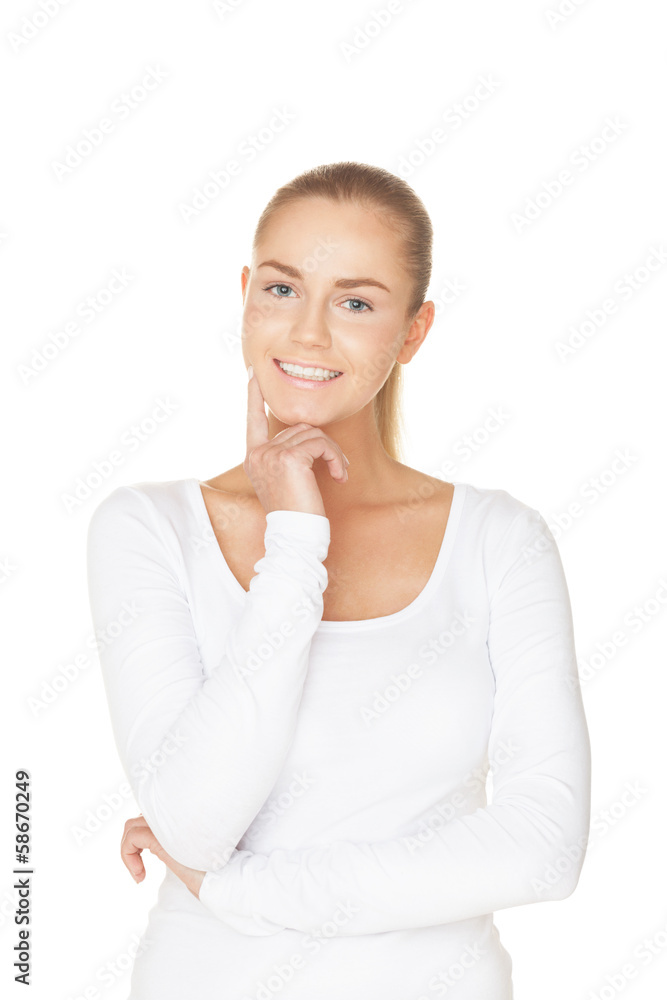 Smiling girl in white t-shirt on isolated white Smiling girl in white t-shirt on isolated white