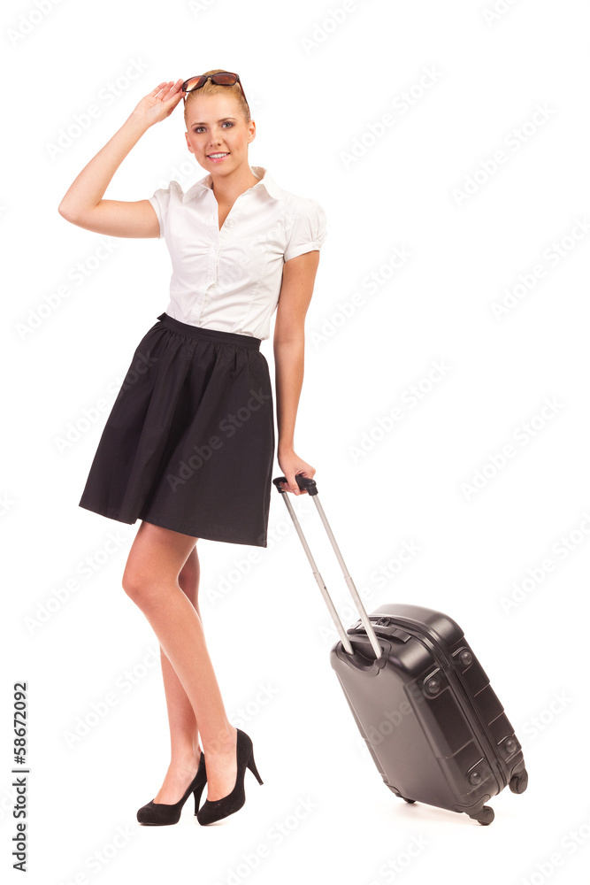 Stewardess with trolley suitcase. Stewardess with trolley suitcase.