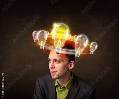 man with light bulbs circleing around his head