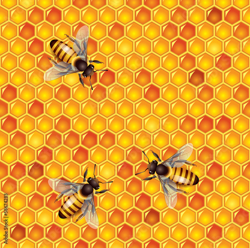 Bees and honeycells seamless background