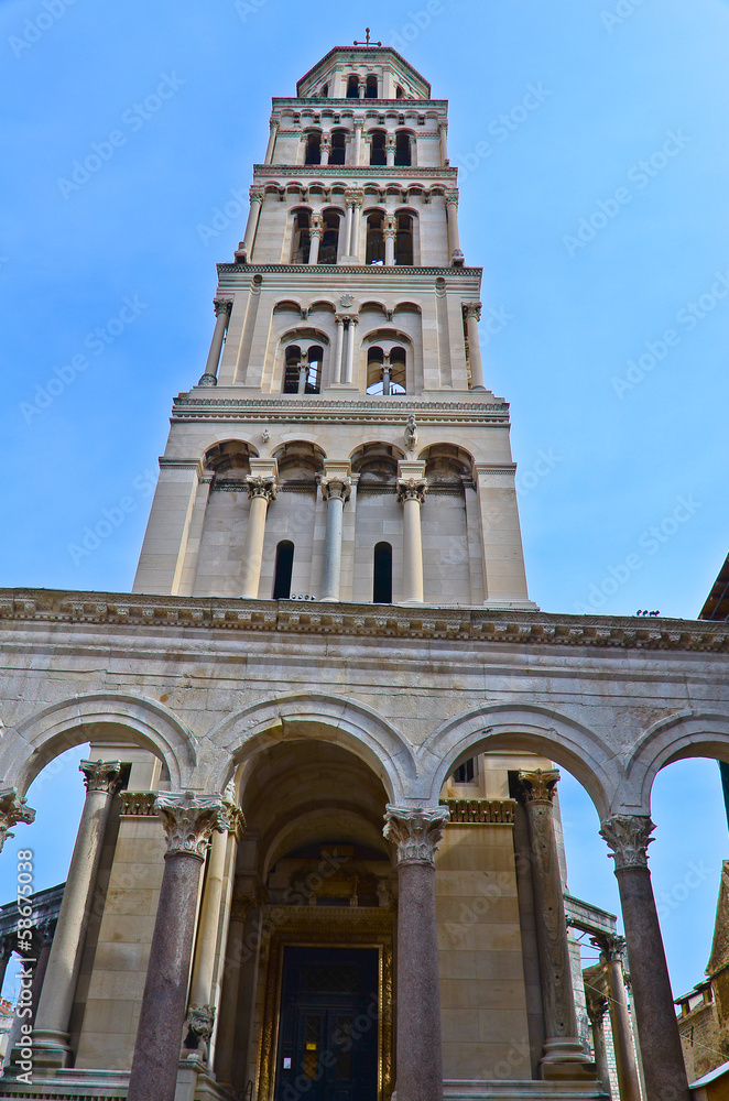The bell tower of the diocletian palace in Split, Croatia.