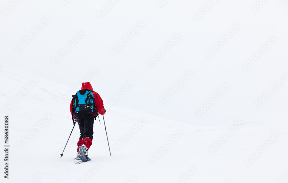 Boy hikes in mountain with snowshoe