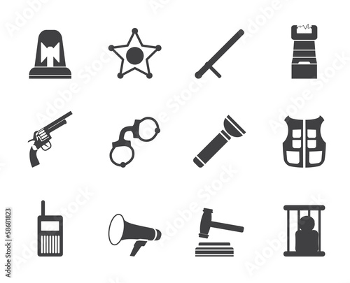 Silhouette law, order, police and crime icons - vector icon set