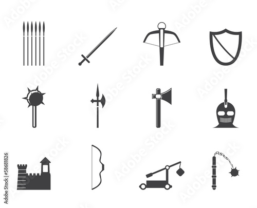 Silhouette medieval arms and objects icons - vector icon set